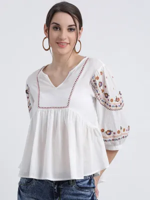 White Solid Peplum Top