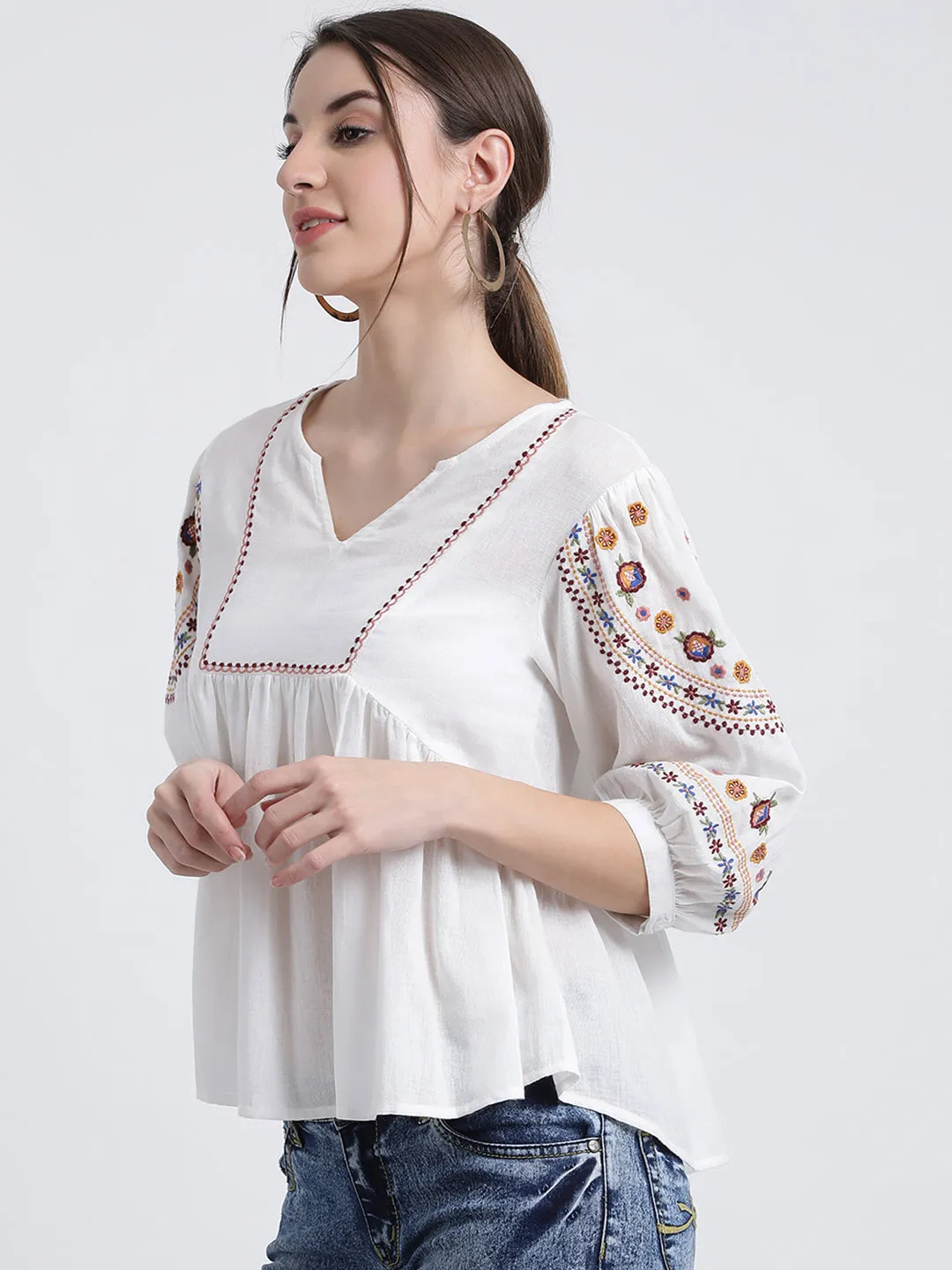 White Solid Peplum Top