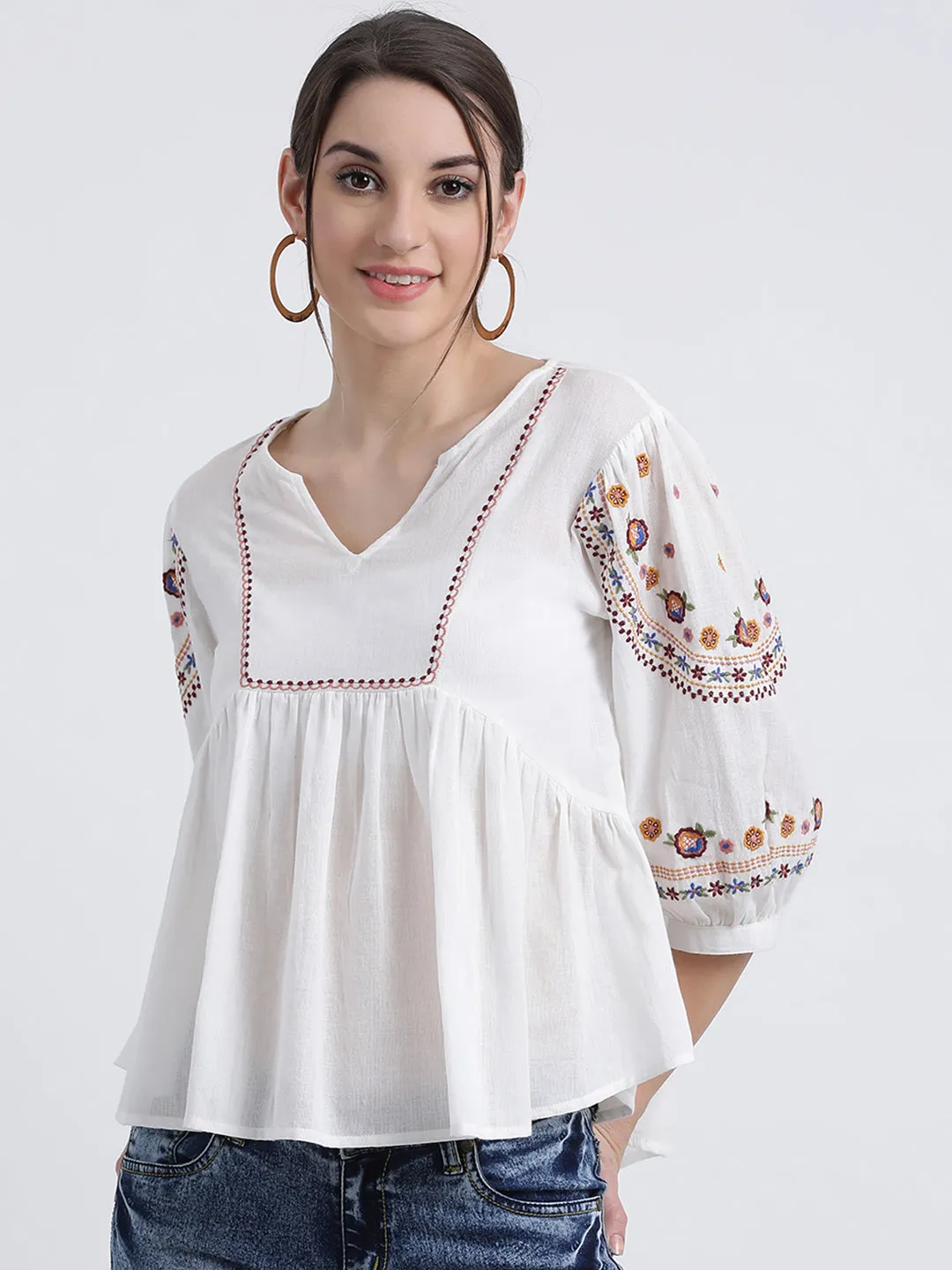 White Solid Peplum Top