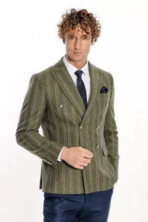 Wide Lapel Striped Double Breasted Green Men Blazer - Wessi
