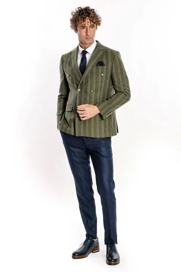 Wide Lapel Striped Double Breasted Green Men Blazer - Wessi