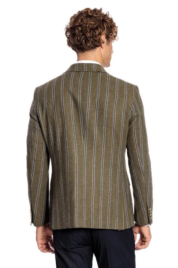 Wide Lapel Striped Double Breasted Green Men Blazer - Wessi