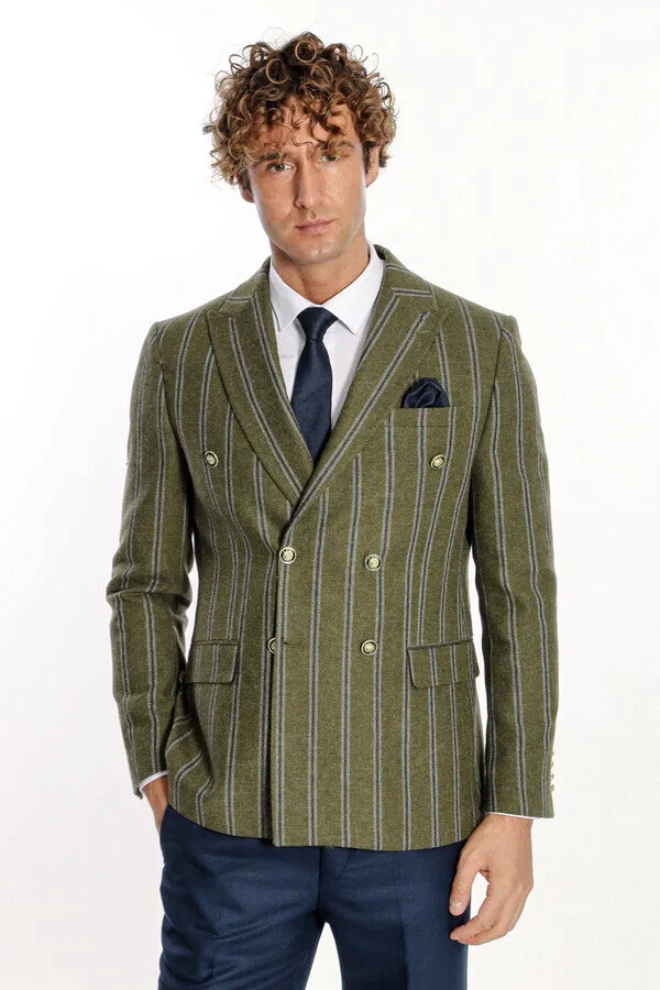 Wide Lapel Striped Double Breasted Green Men Blazer - Wessi