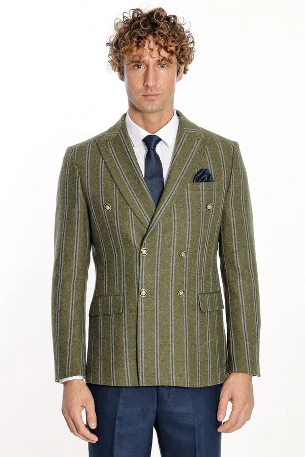 Wide Lapel Striped Double Breasted Green Men Blazer - Wessi
