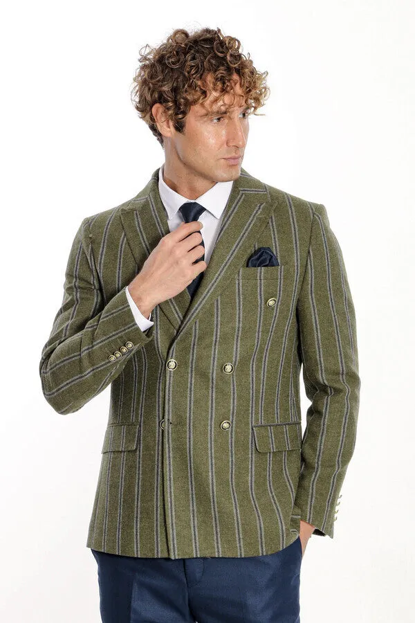 Wide Lapel Striped Double Breasted Green Men Blazer - Wessi