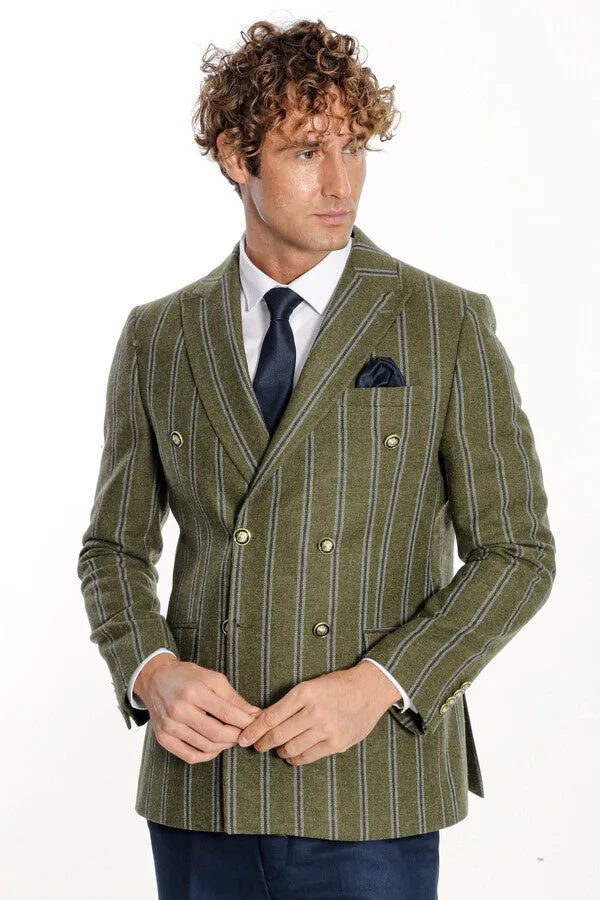 Wide Lapel Striped Double Breasted Green Men Blazer - Wessi