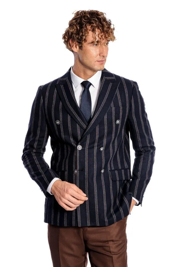 Wide Lapel Striped Double Breasted Navy Blue Men Blazer - Wessi