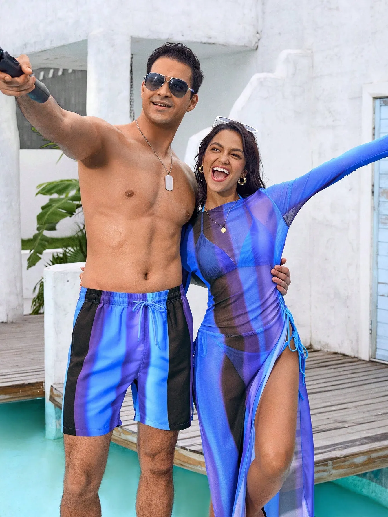 Wide leg beach pants| Men's Striped Drawstring Wide-Leg Beach