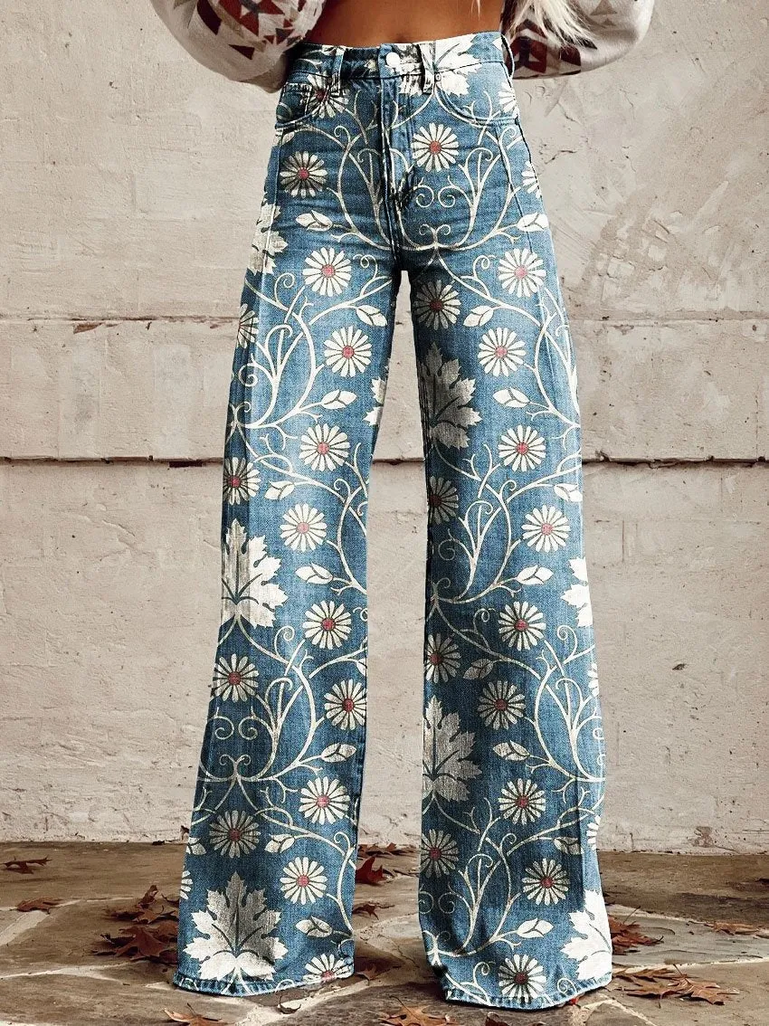 Wide-legged Pants Thermal Transfer Bell-bottom Pants Simulation Denim Trousers