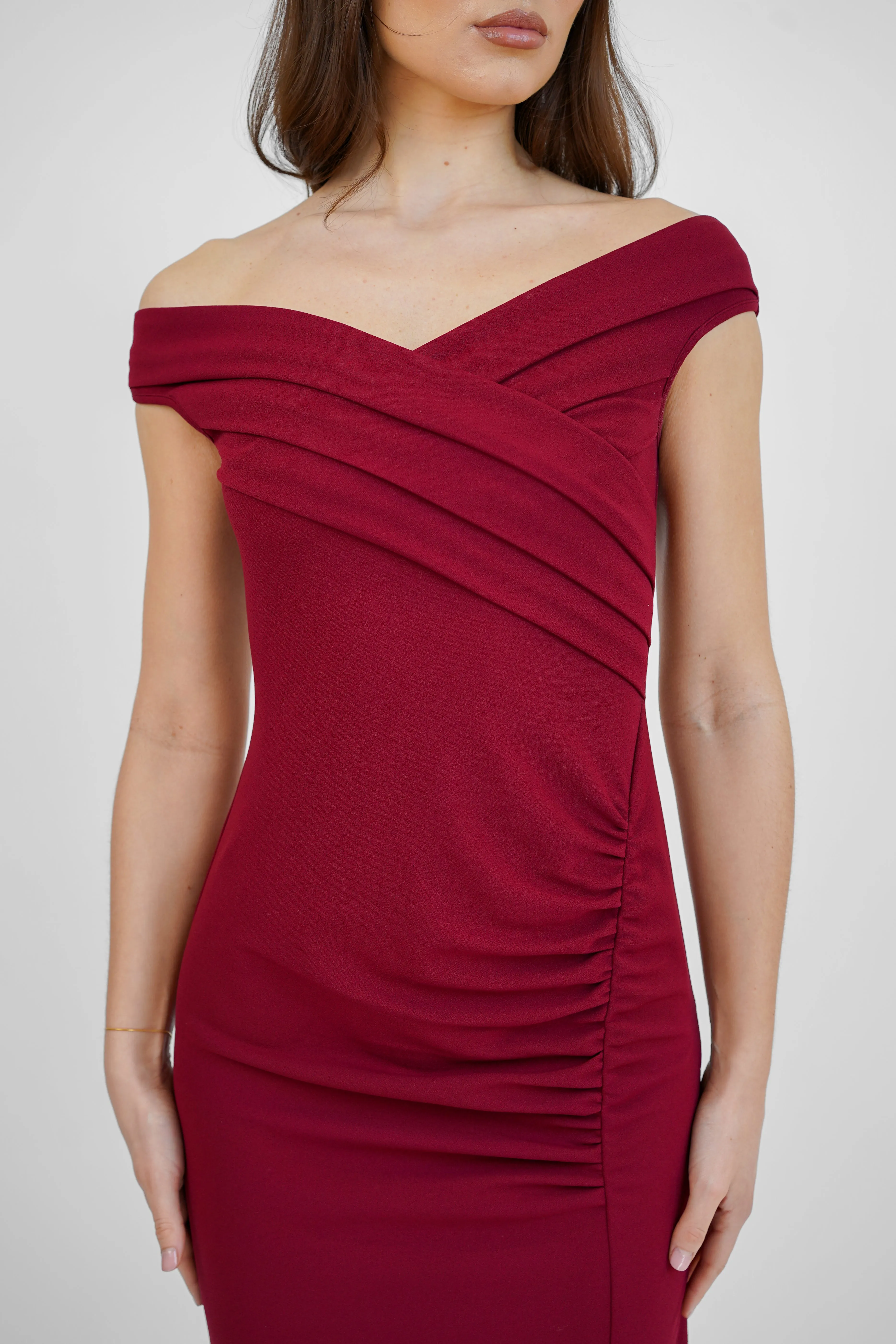 Wine Bardot Midi Dress with Slit