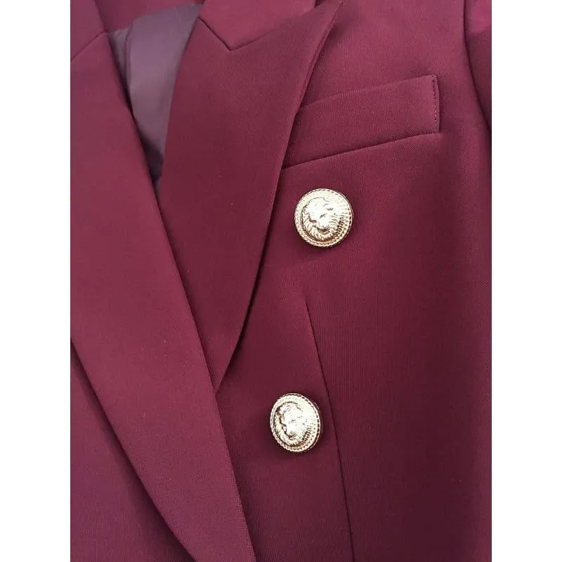 Wine Red Designer Women's Metal Lion Buttons Double Breasted Blazer Jacket