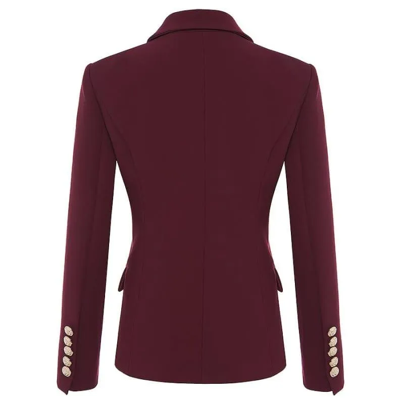 Wine Red Designer Women's Metal Lion Buttons Double Breasted Blazer Jacket