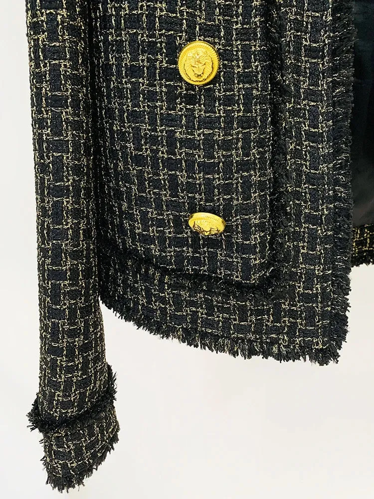 Women HIGH STREET Newest New Designed  Women Lion Buttons Plaid Fringed Tweed Jacket