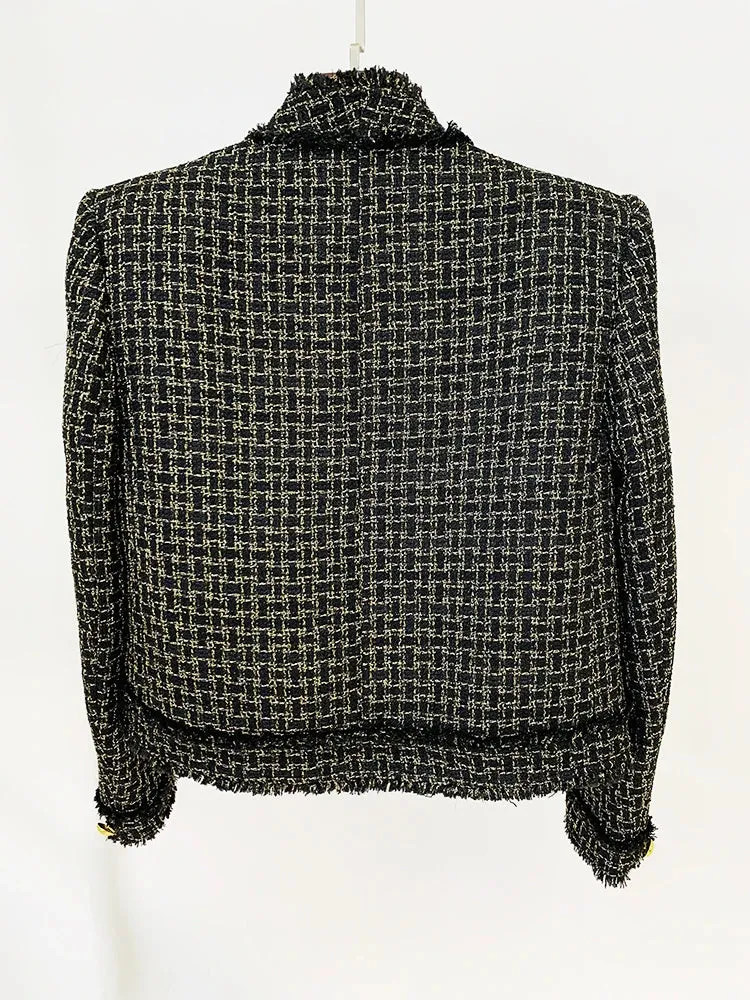 Women HIGH STREET Newest New Designed  Women Lion Buttons Plaid Fringed Tweed Jacket