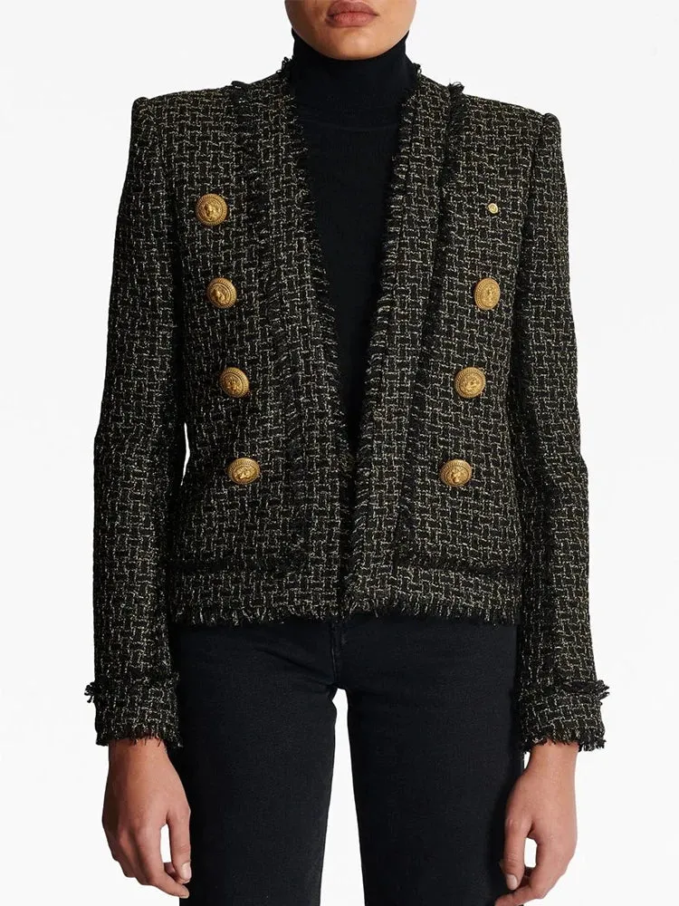Women HIGH STREET Newest New Designed  Women Lion Buttons Plaid Fringed Tweed Jacket
