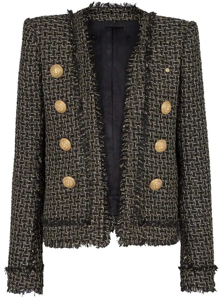 Women HIGH STREET Newest New Designed  Women Lion Buttons Plaid Fringed Tweed Jacket