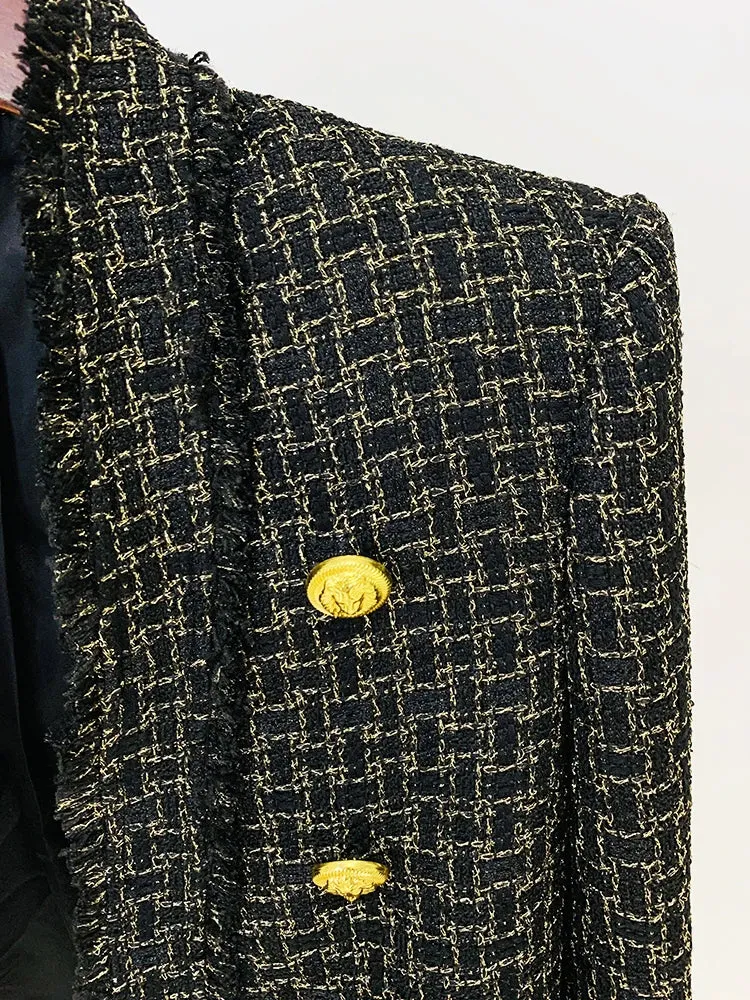 Women HIGH STREET Newest New Designed  Women Lion Buttons Plaid Fringed Tweed Jacket