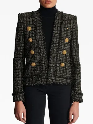 Women HIGH STREET Newest New Designed  Women Lion Buttons Plaid Fringed Tweed Jacket