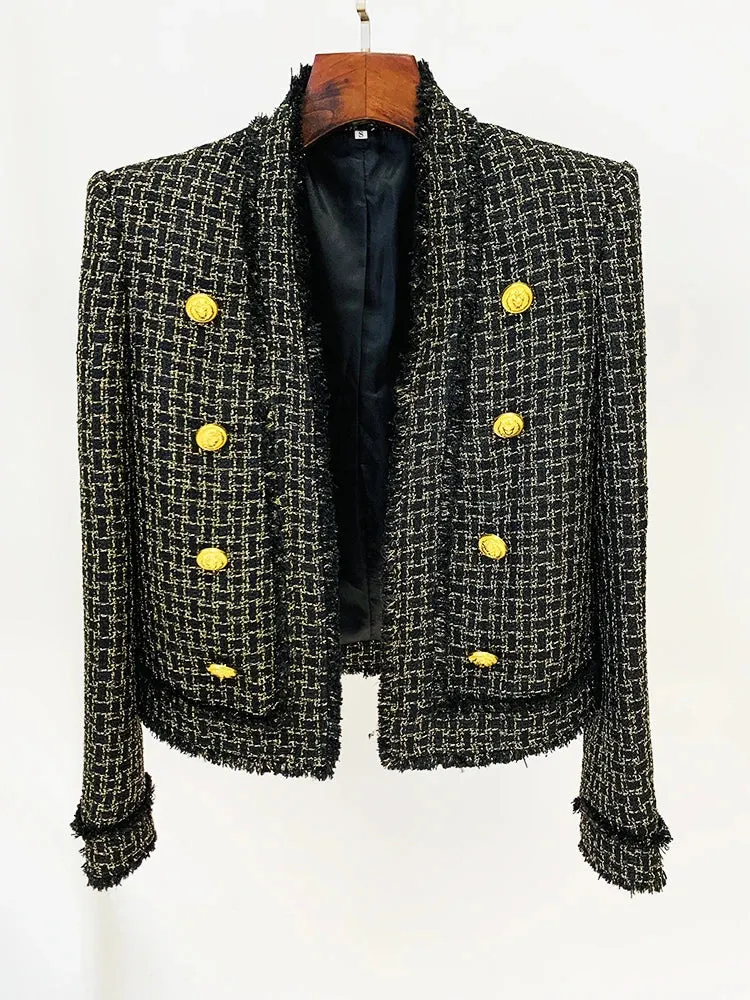 Women HIGH STREET Newest New Designed  Women Lion Buttons Plaid Fringed Tweed Jacket
