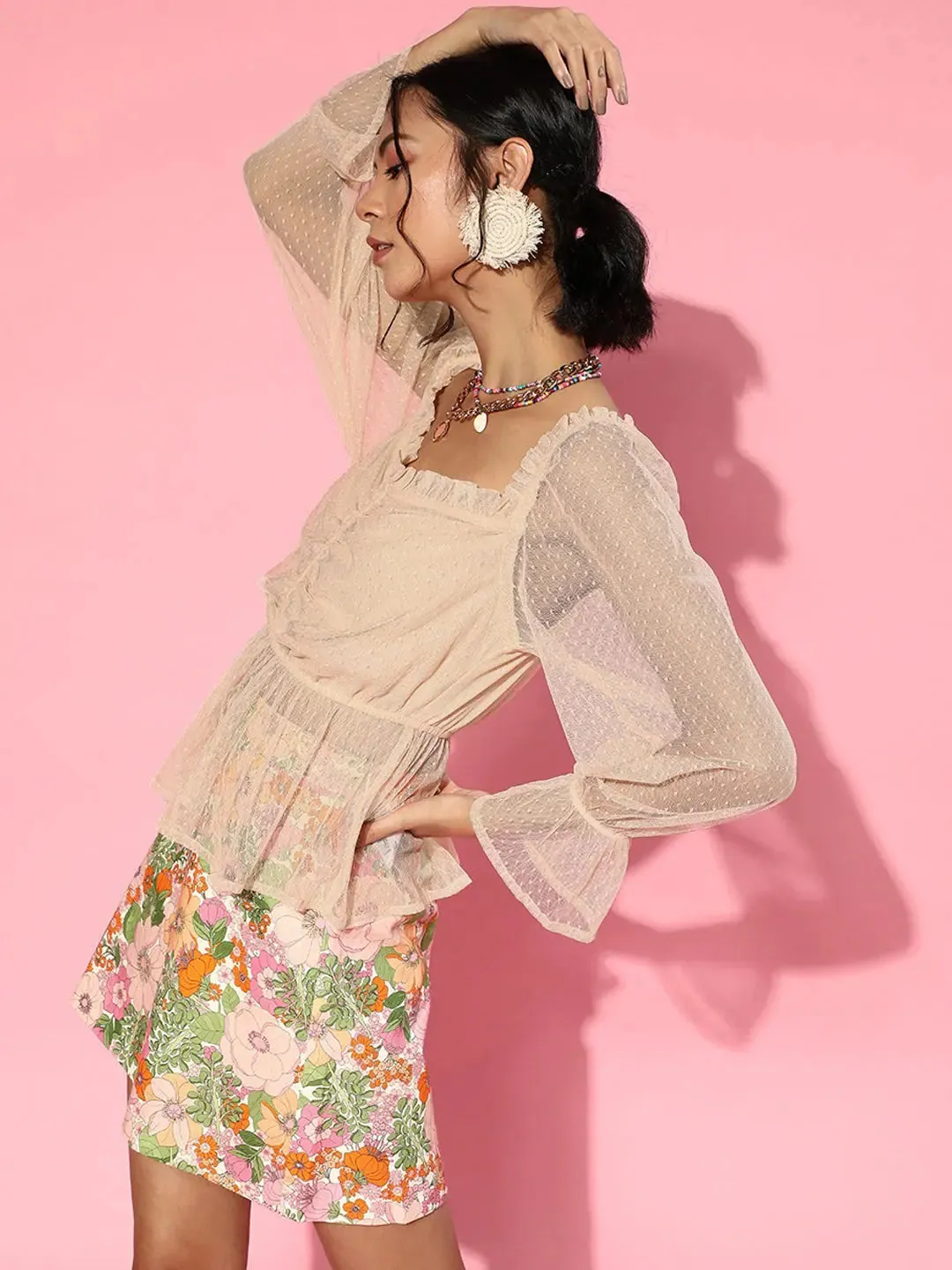 Women Nude Swiss Dot Mesh Peplum Top