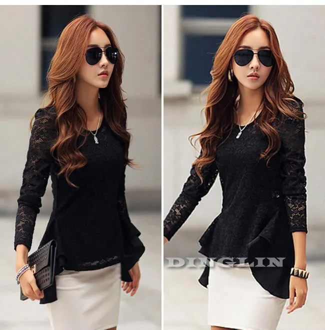 Women Sheer Lace Blouse Office Tops Long Sleeve Floral Slim Fitted Shirt Peplum Top Black Plus Size CL1648
