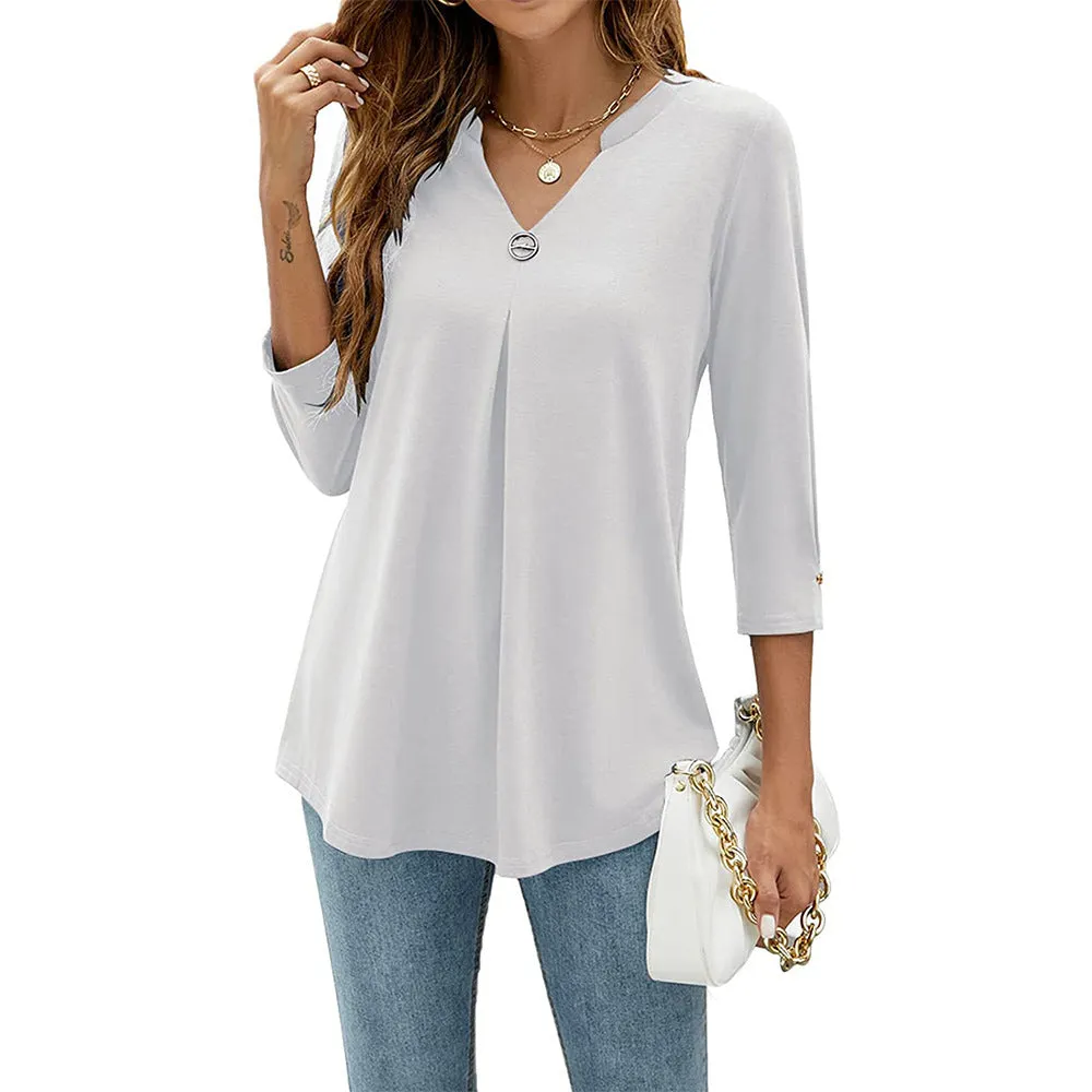 Women T-shirt V Neck 3/4 Sleeve Tops Blouse