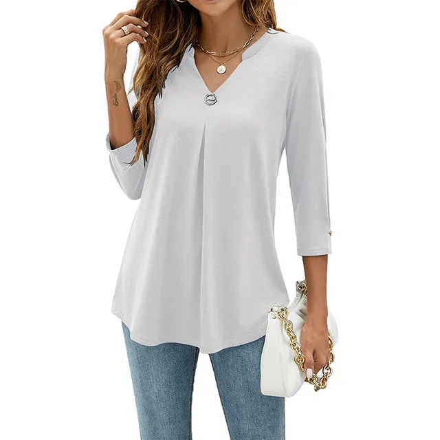 Women T-shirt V Neck 3/4 Sleeve Tops Blouse