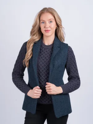 Women's Blue Herringbone Tweed  Gilet