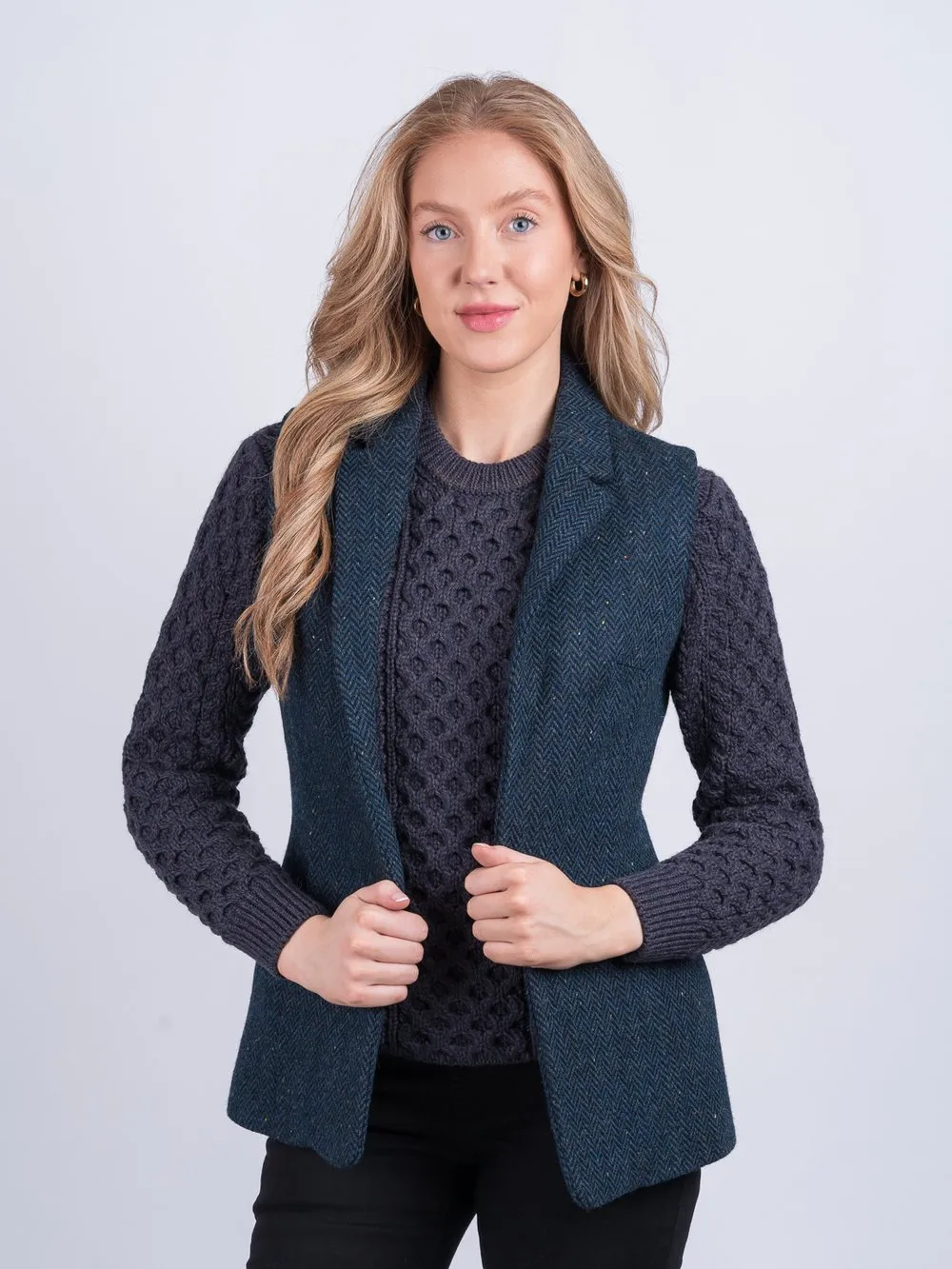 Women's Blue Herringbone Tweed  Gilet