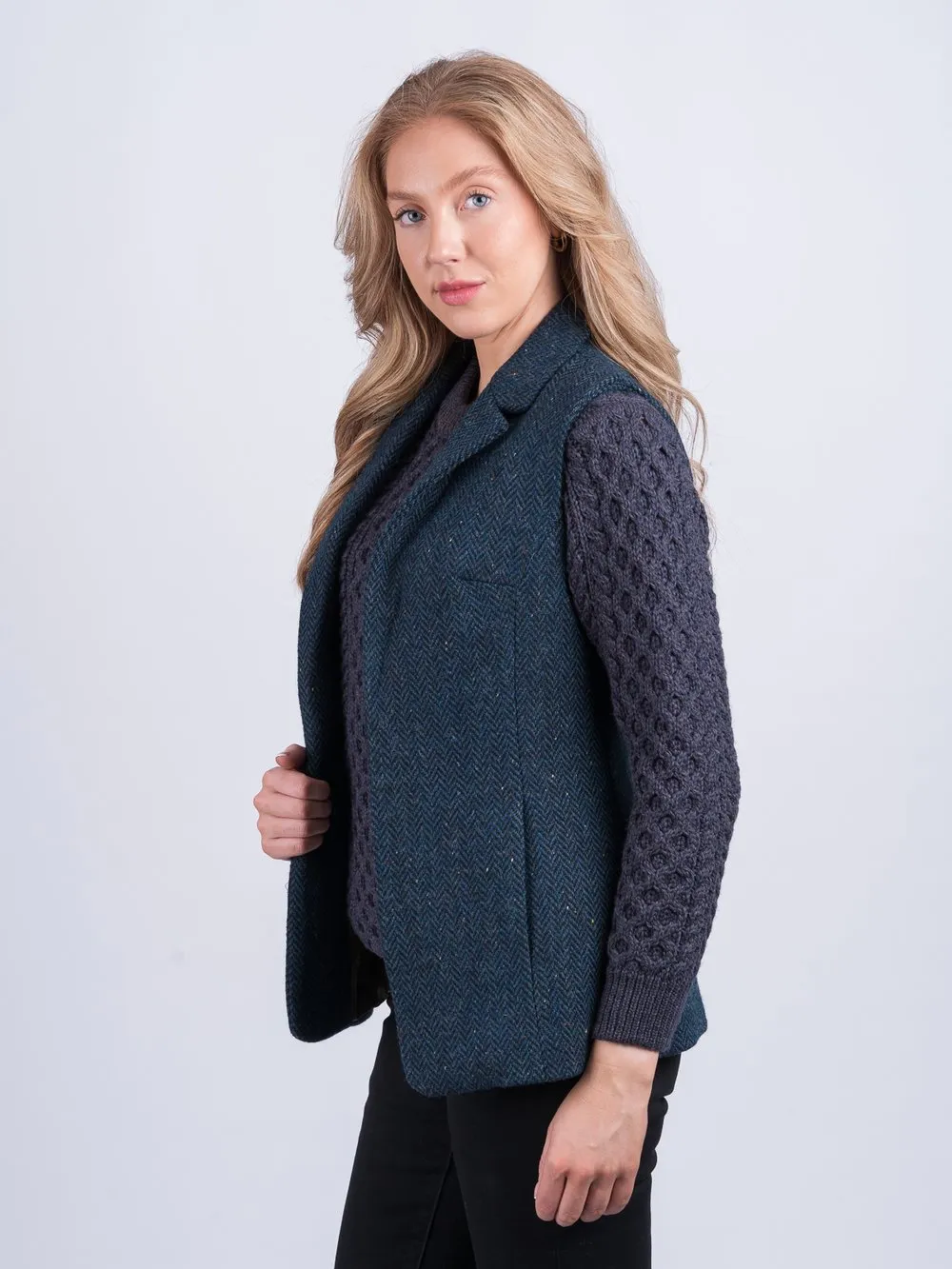 Women's Blue Herringbone Tweed  Gilet