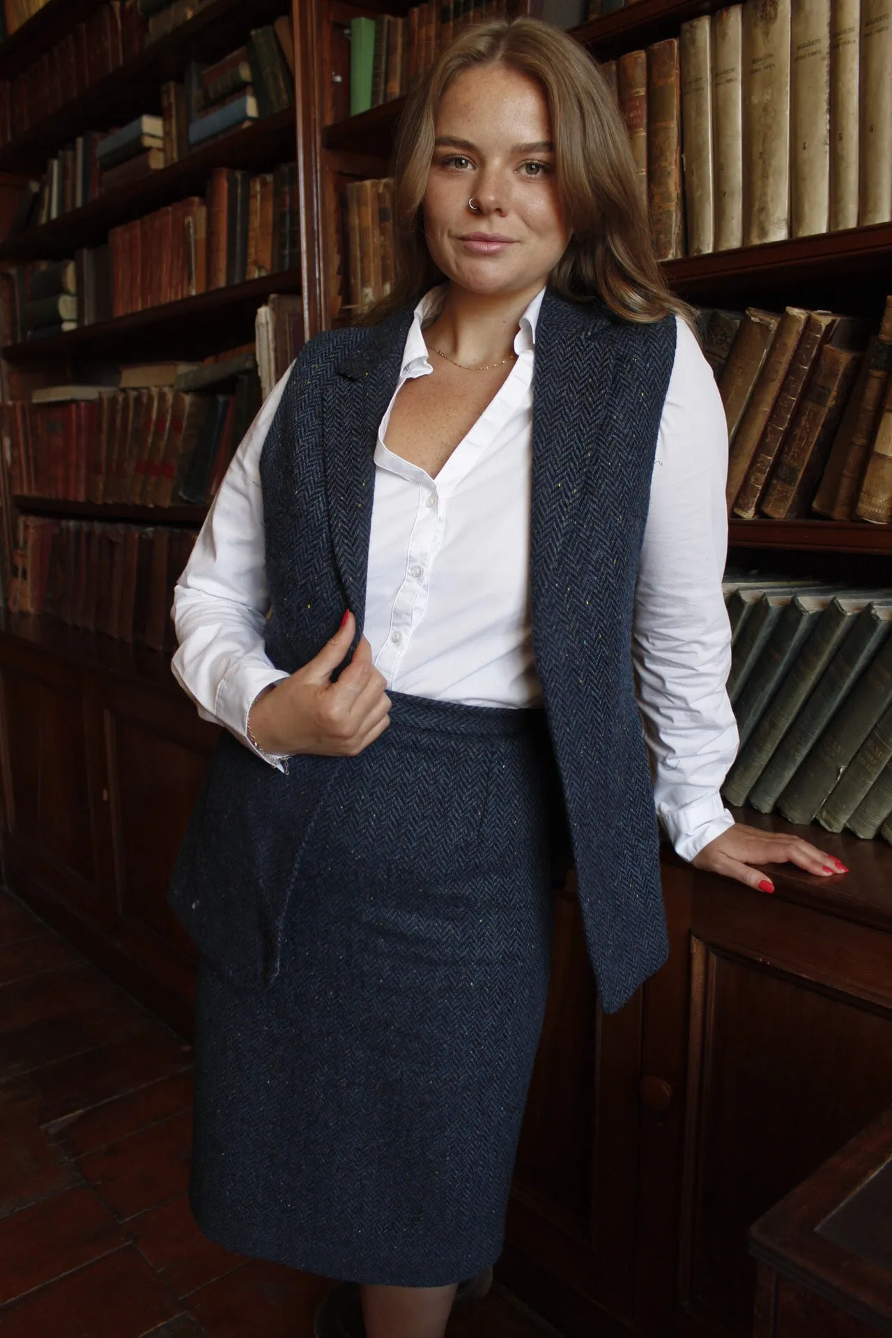 Women's Blue Herringbone Tweed  Gilet