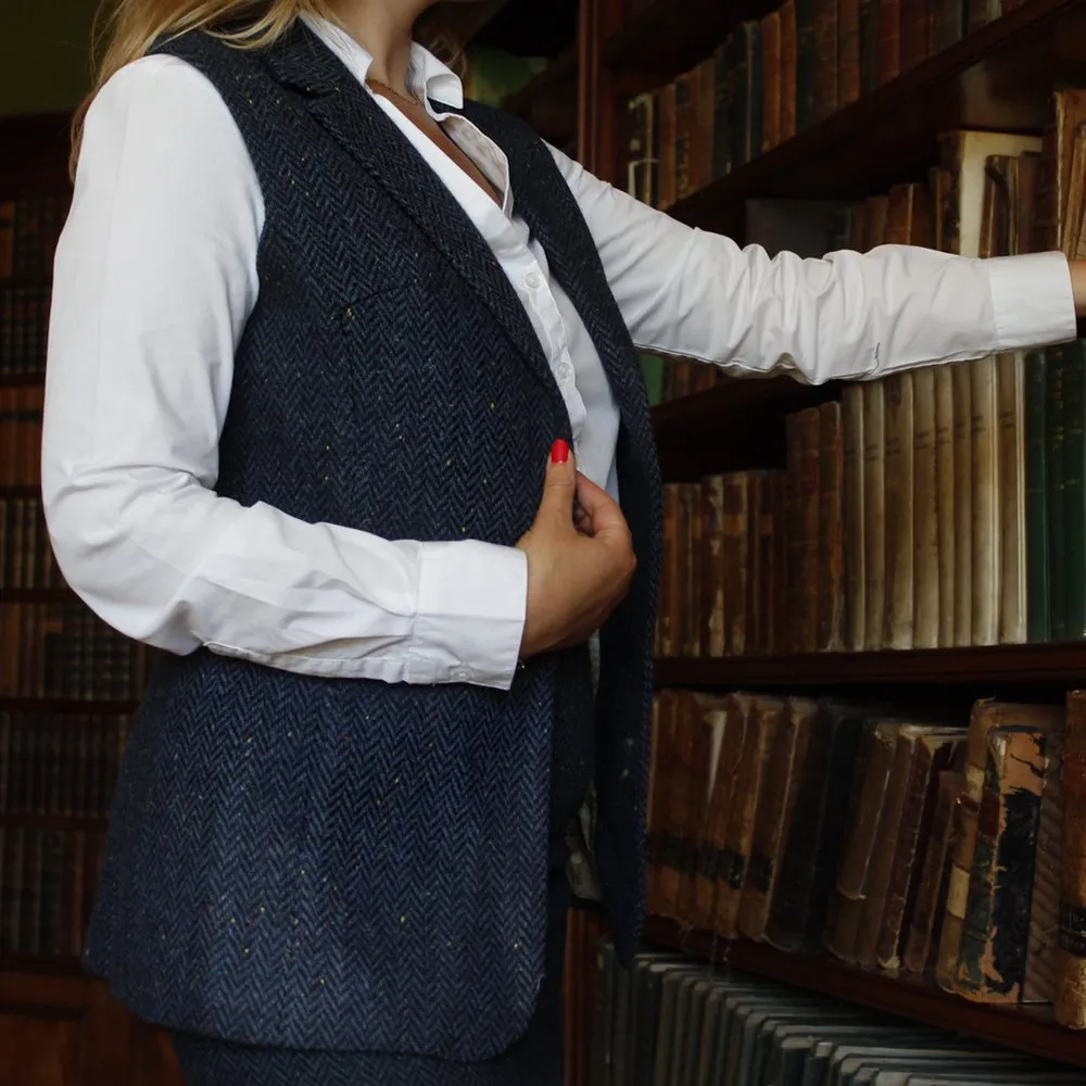 Women's Blue Herringbone Tweed  Gilet
