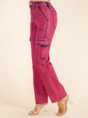 WOMEN'S BUTTON CLOSURE POCKETS WASHED WIDE LEG DENIM PANTS