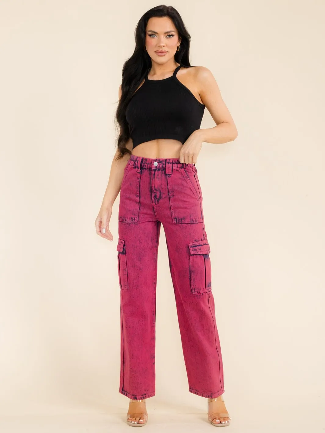 WOMEN'S BUTTON CLOSURE POCKETS WASHED WIDE LEG DENIM PANTS