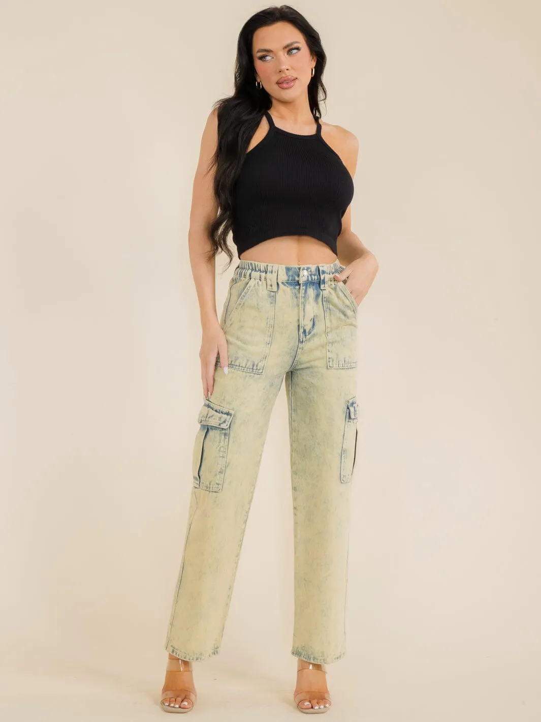 WOMEN'S BUTTON CLOSURE POCKETS WASHED WIDE LEG DENIM PANTS