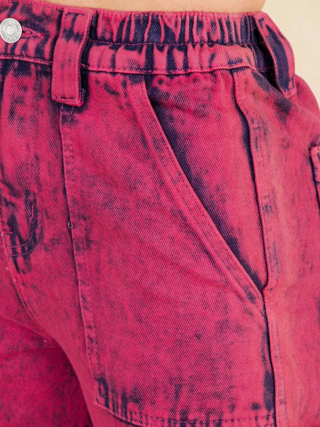 WOMEN'S BUTTON CLOSURE POCKETS WASHED WIDE LEG DENIM PANTS