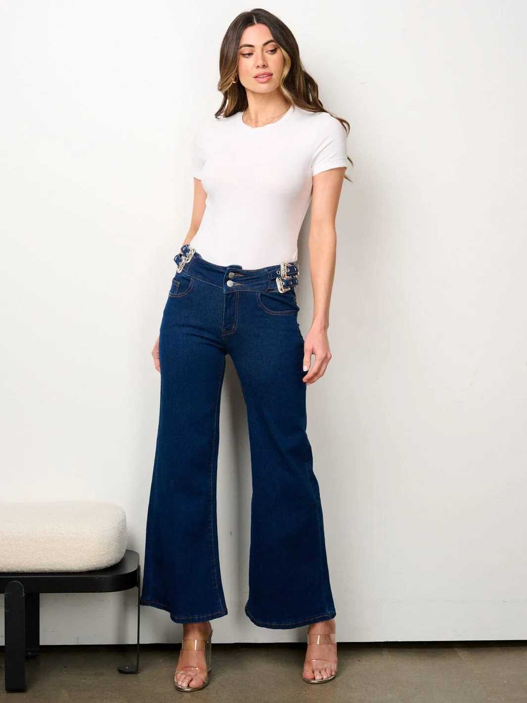 WOMEN'S BUTTON CLOSURE SIDE BELT DETAILED DENIM PANTS