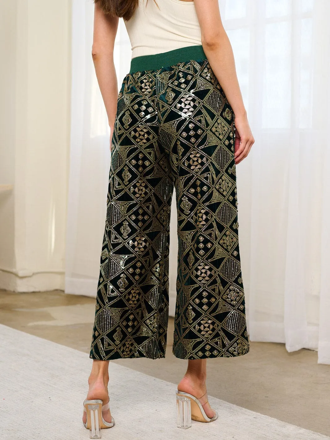 WOMEN'S ELASTIC WAIST POCKETS SEQUINS WIDE LEG PANTS