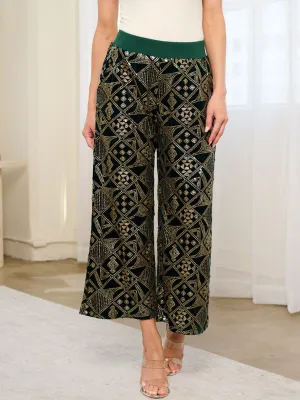 WOMEN'S ELASTIC WAIST POCKETS SEQUINS WIDE LEG PANTS