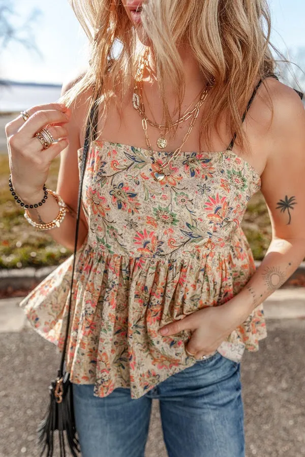 Women's Floral Spaghetti Strap Peplum Cami Top | 100% Cotton Comfort