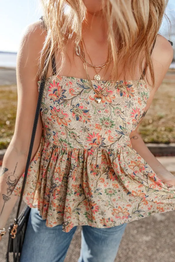 Women's Floral Spaghetti Strap Peplum Cami Top | 100% Cotton Comfort