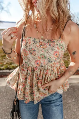 Women's Floral Spaghetti Strap Peplum Cami Top | 100% Cotton Comfort