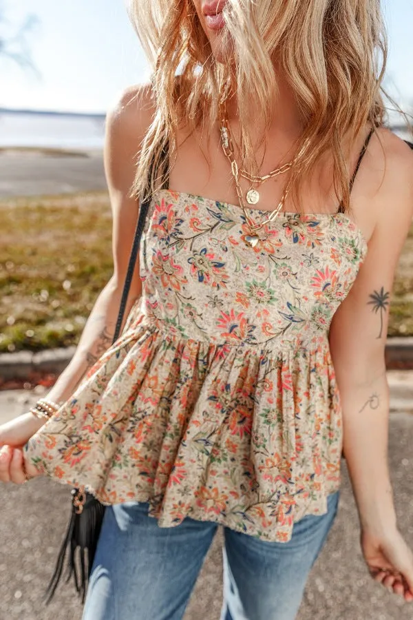 Women's Floral Spaghetti Strap Peplum Cami Top | 100% Cotton Comfort