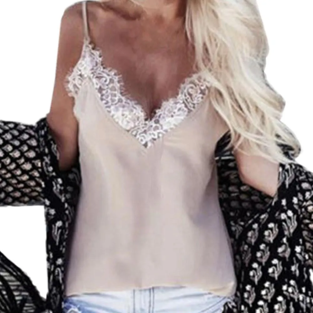 Women's Ladies Lace Shirts Tops V-neck Sleeveless Loose Vest Blouse