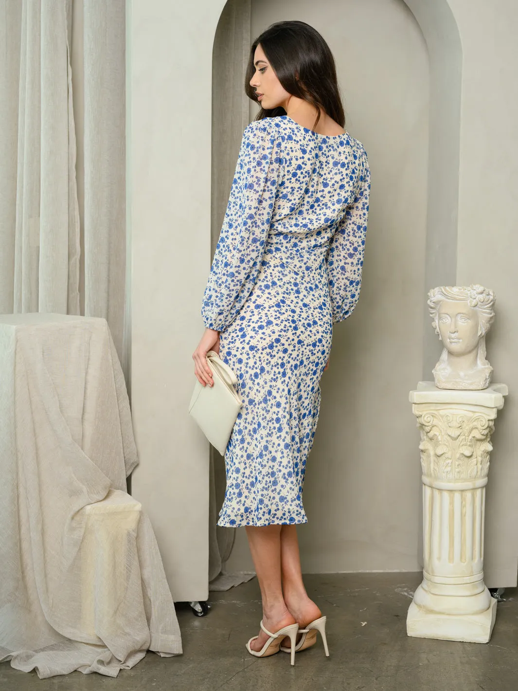 WOMEN'S LONG SLEEVE FLORAL MIDI DRESS