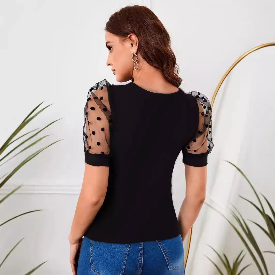 Women's Mesh Polka Dot Stitching Short Sleeve