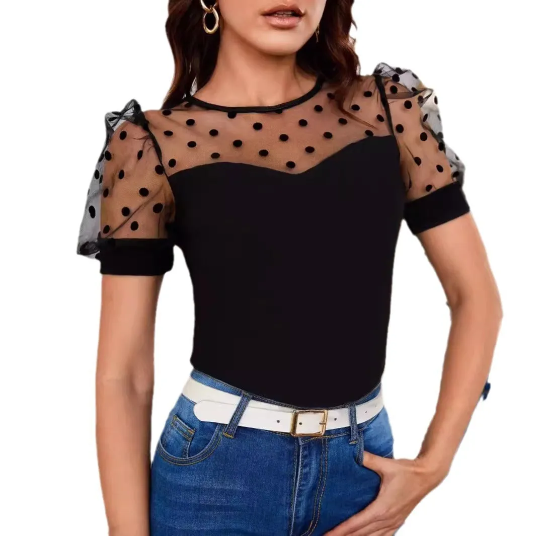Women's Mesh Polka Dot Stitching Short Sleeve
