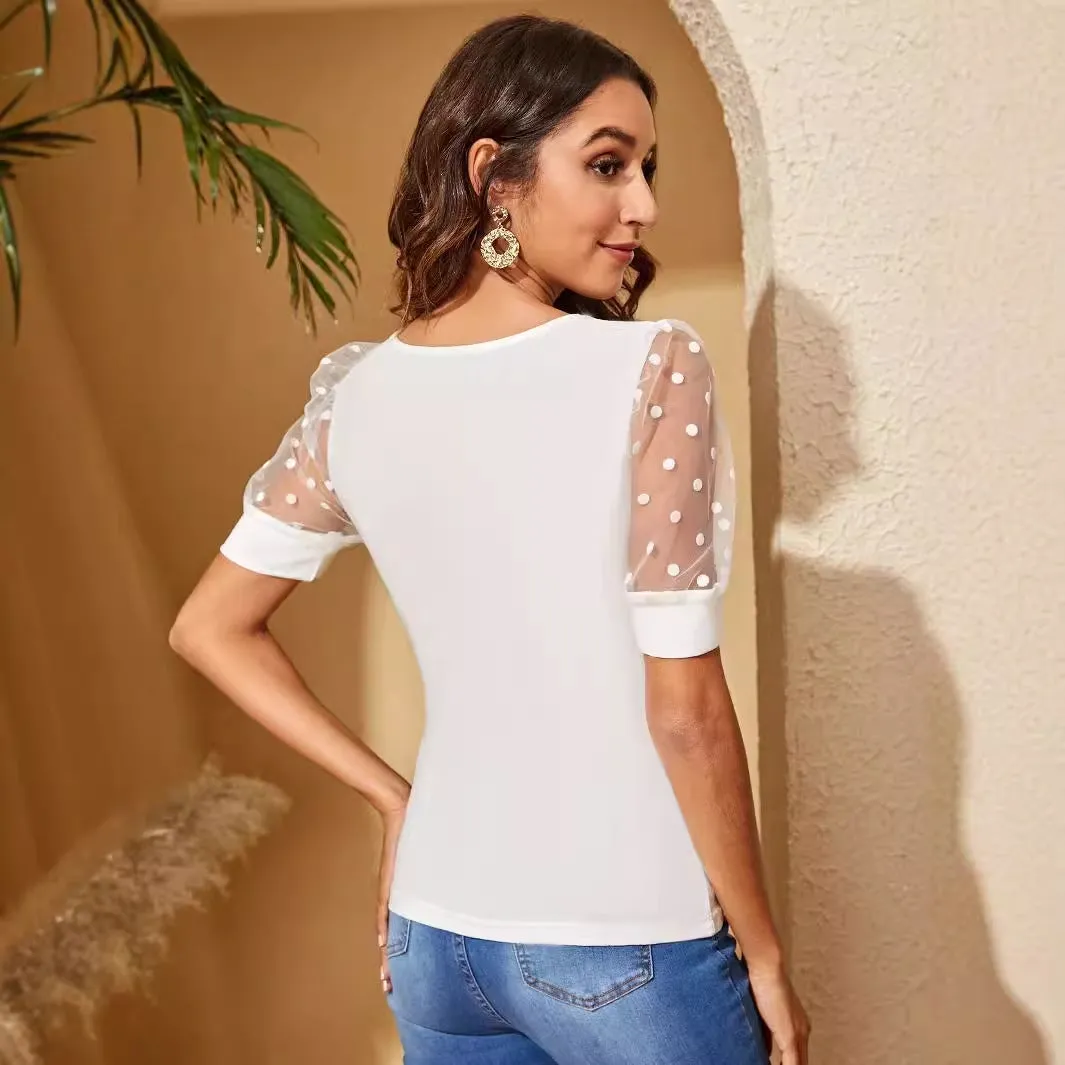 Women's Mesh Polka Dot Stitching Short Sleeve