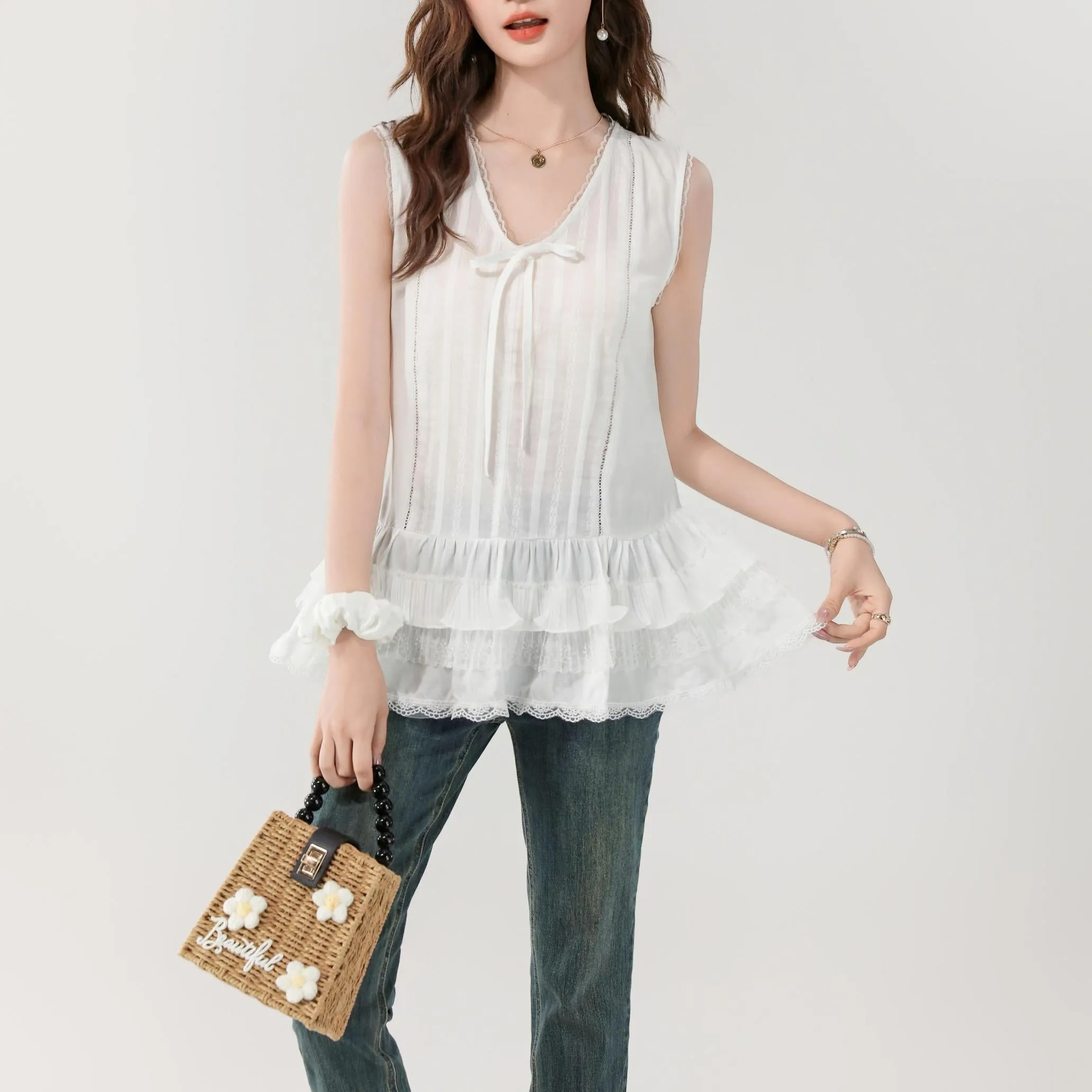 Women's Sheer Blouse Featuring a Chic Ribbon Neckline