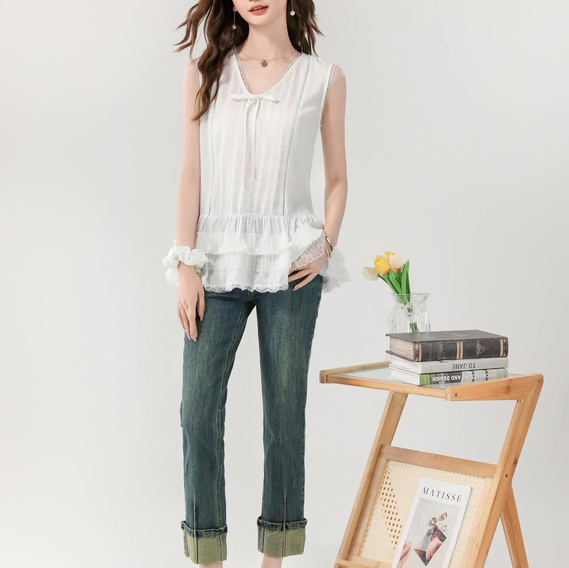 Women's Sheer Blouse Featuring a Chic Ribbon Neckline